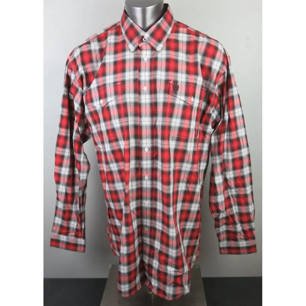 Mens Cinch Western Long Sleeve Button Front Shirt Size XL‎ Red Gray Plaid